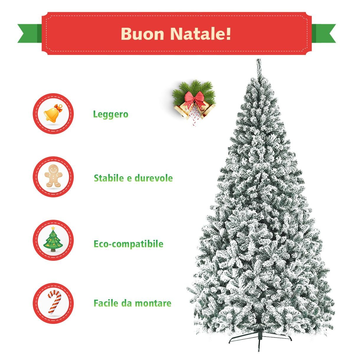 Albero Di Natale Innevato 270Cm Con Cerniere Base Di Metallo, Albero Di Natale Artificiale Non Illuminato Verde