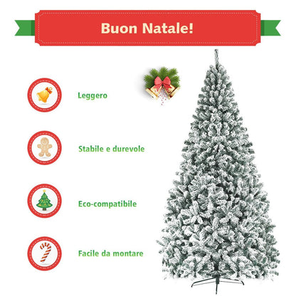 Albero Di Natale Innevato 270Cm Con Cerniere Base Di Metallo, Albero Di Natale Artificiale Non Illuminato Verde
