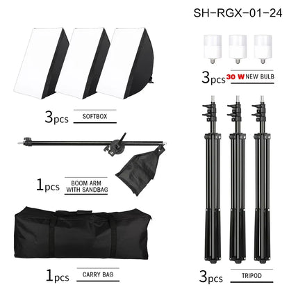 3Pcs Softbox with Sandbag Professional Photography Photo Studio Softbox Lights Lighting Kit Equipment Boom Arm