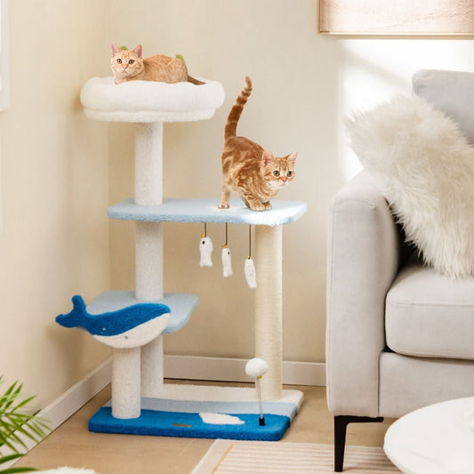 Albero per Gatti a Tema Oceanico Con Pali Tiragraffi Rivestiti in Sisal, Torre per Gatti a 3 Livelli 49X38X86Cm Blu
