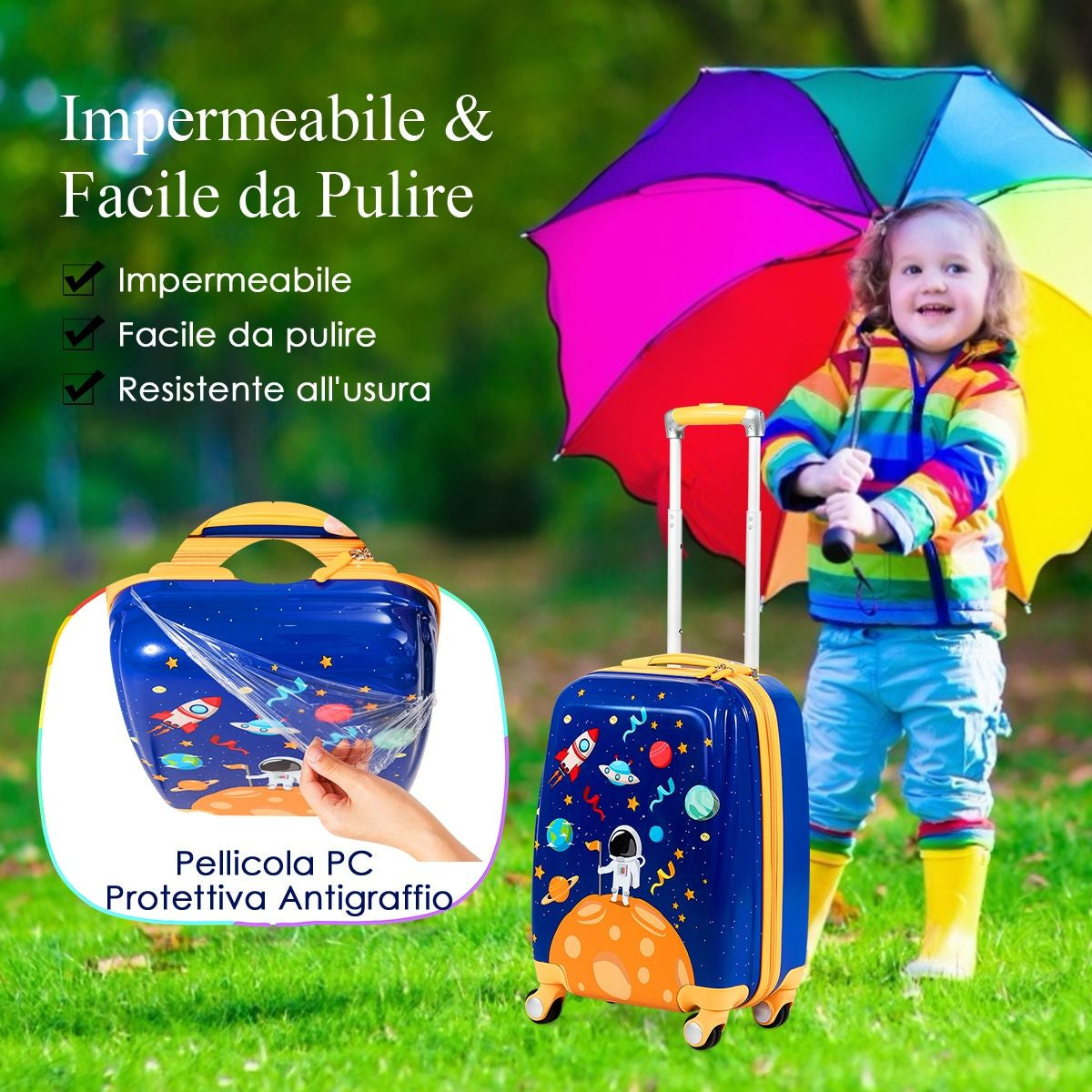 Set 2 Pezzi Bagagli per Bambini Da Viaggio Con Ruote Girevole Girevole 18" Trolley Bimbo + 12" Zaino Blu Scuro