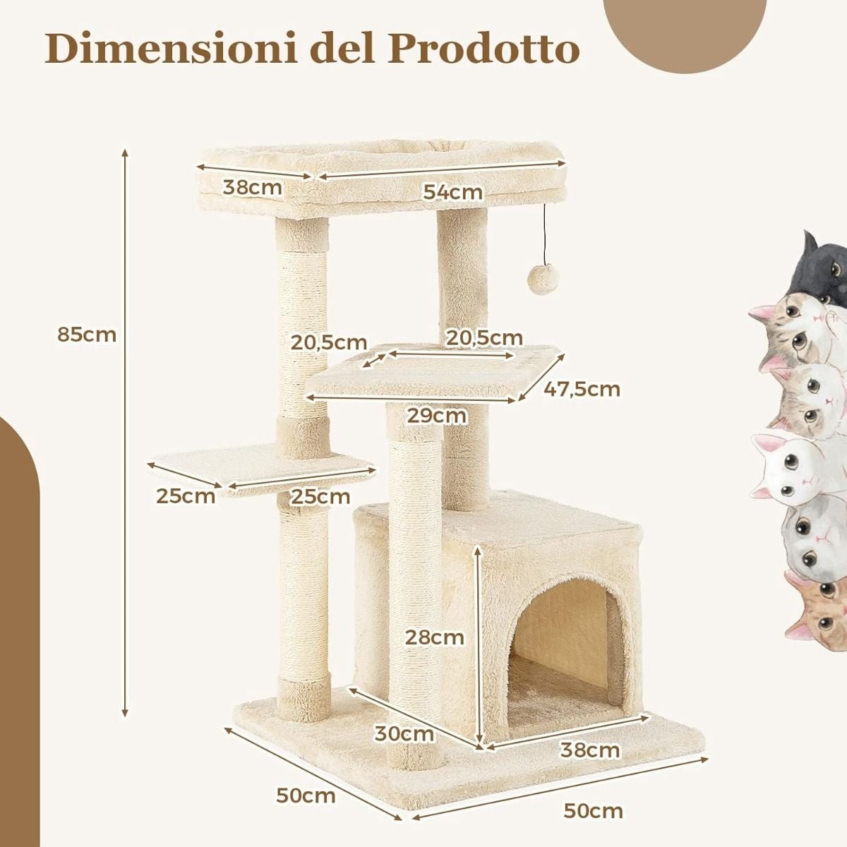 Albero per Gatti a 4 Piani Con Tiragraffi E Pallina Di Peluche, Torre per Gatti Con Piattaforma per Saltare Beige/Grigio