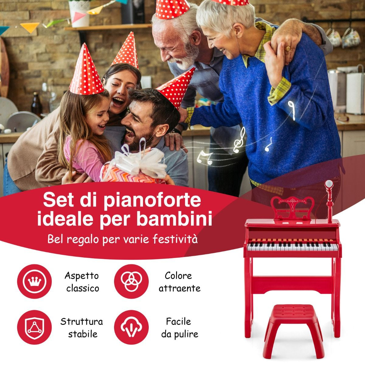 Pianoforte a 37 Tasti per Bambini Con Microfono Regolabile Supporto per Spartiti Rimovibile, Strumento Musicale 2 Colori