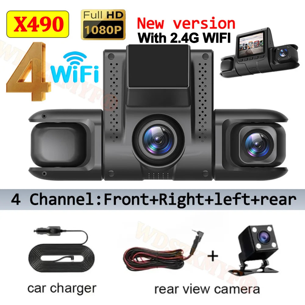 New 360° Car Dash Cam 4 Channels WIFI 24H Video Recorder 1080P Car DVR Front inside Rotatable and Rear View Camera Night Vision