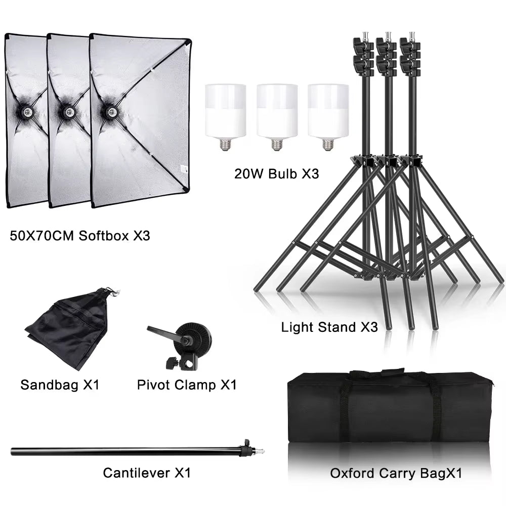 3Pcs Softbox with Sandbag Professional Photography Photo Studio Softbox Lights Lighting Kit Equipment Boom Arm