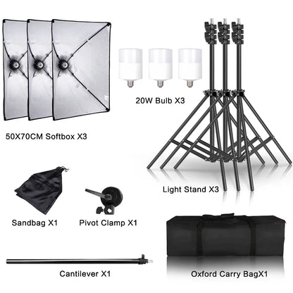 3Pcs Softbox with Sandbag Professional Photography Photo Studio Softbox Lights Lighting Kit Equipment Boom Arm