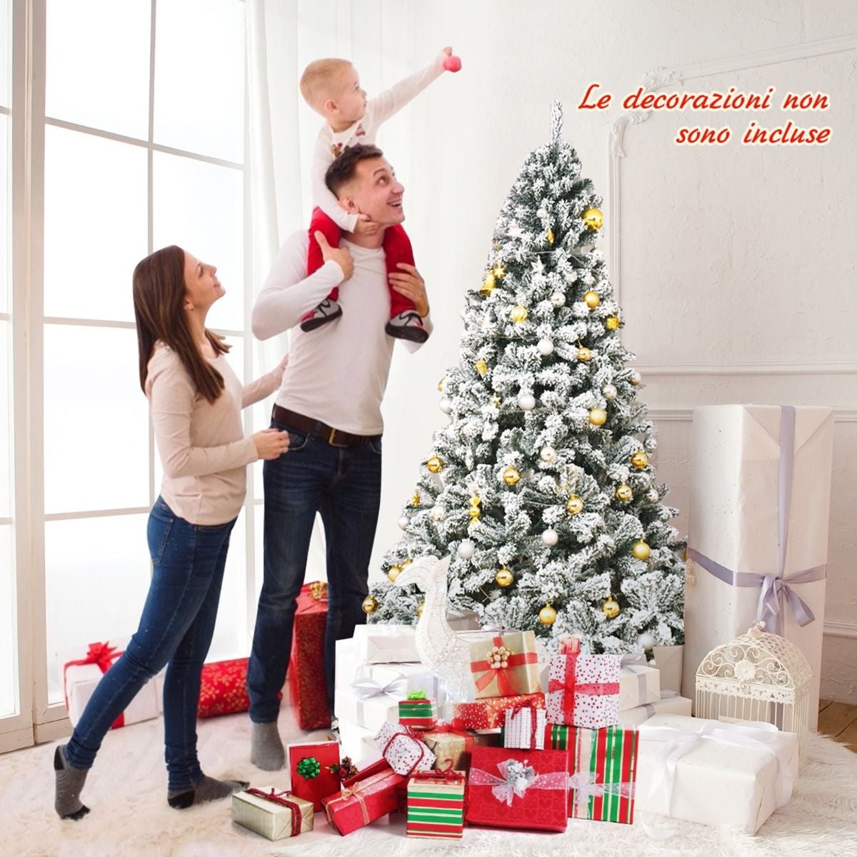 Albero Di Natale Innevato 180Cm Con Cerniere Base Di Metallo, Albero Di Natale Artificiale Non Illuminato