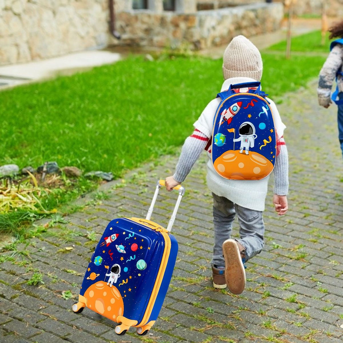 Set 2 Pezzi Bagagli per Bambini Da Viaggio Con Ruote Girevole Girevole 18" Trolley Bimbo + 12" Zaino Blu Scuro