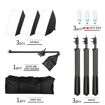 3Pcs Softbox with Sandbag Professional Photography Photo Studio Softbox Lights Lighting Kit Equipment Boom Arm