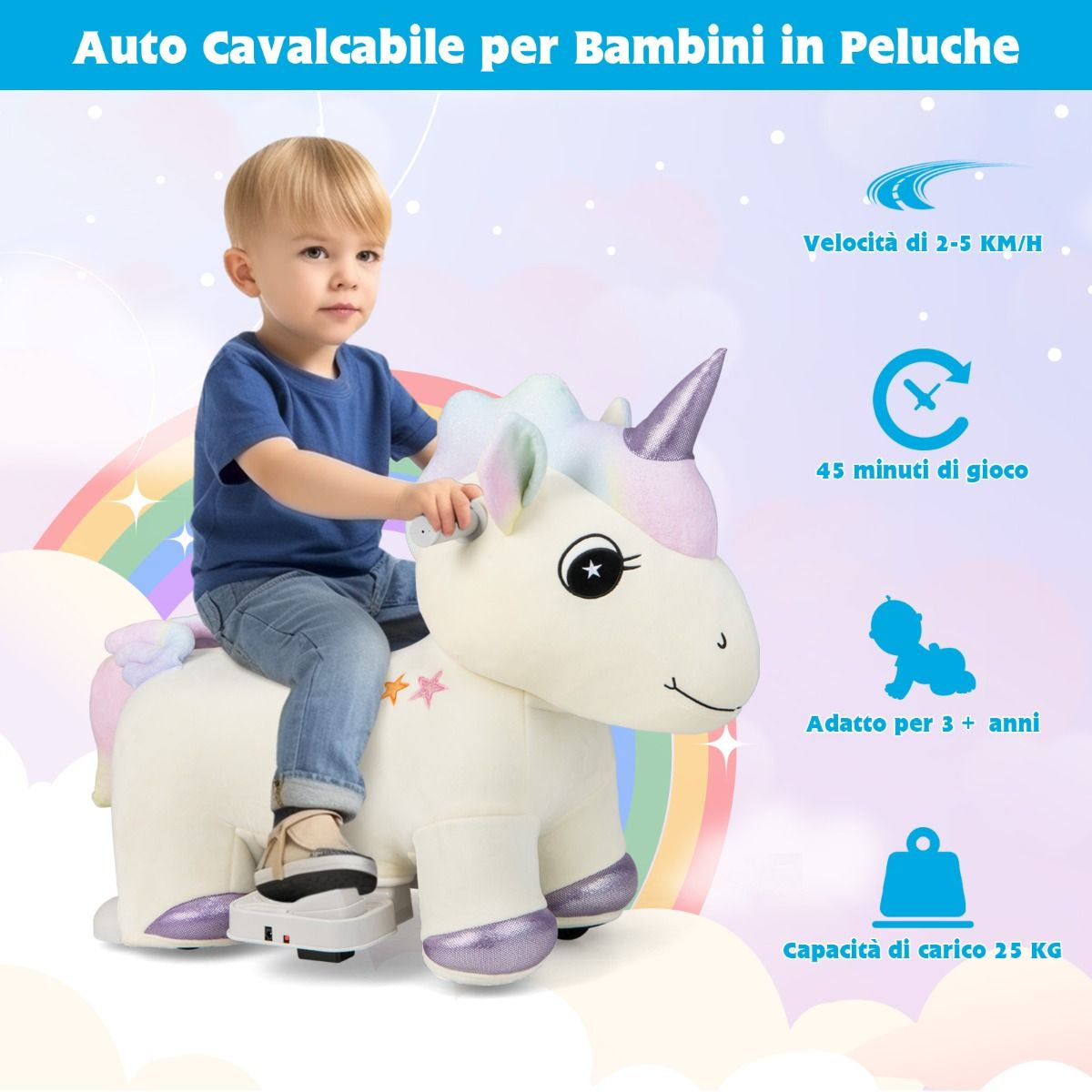 Gioco Cavalcabile Elettrico Bambini Con Ruote Flessibili Rivestimento Lavabile, Peluche Cavalcabile 3 Dimensioni
