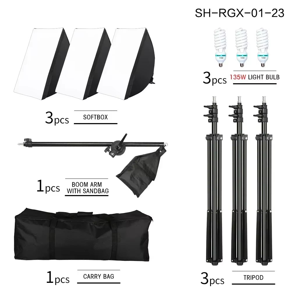 3Pcs Softbox with Sandbag Professional Photography Photo Studio Softbox Lights Lighting Kit Equipment Boom Arm