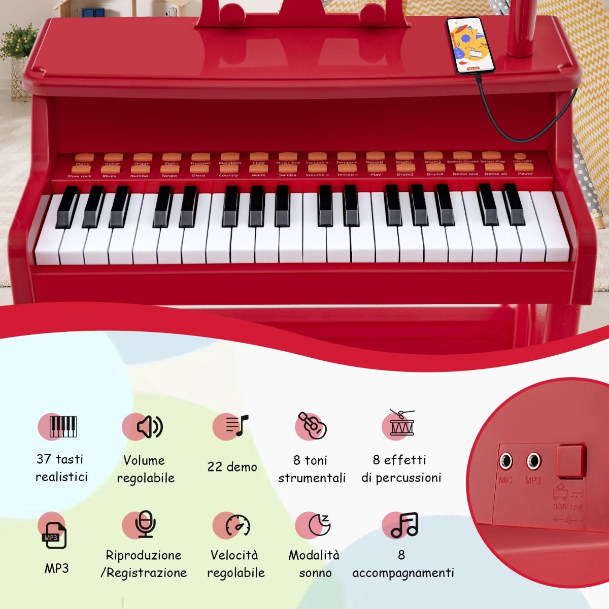 Pianoforte a 37 Tasti per Bambini Con Microfono Regolabile Supporto per Spartiti Rimovibile, Strumento Musicale 2 Colori
