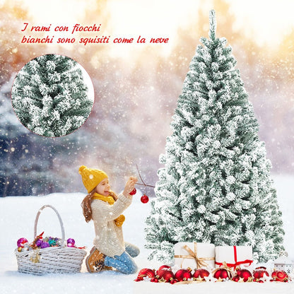 Albero Di Natale Innevato 180Cm Con Cerniere Base Di Metallo, Albero Di Natale Artificiale Non Illuminato