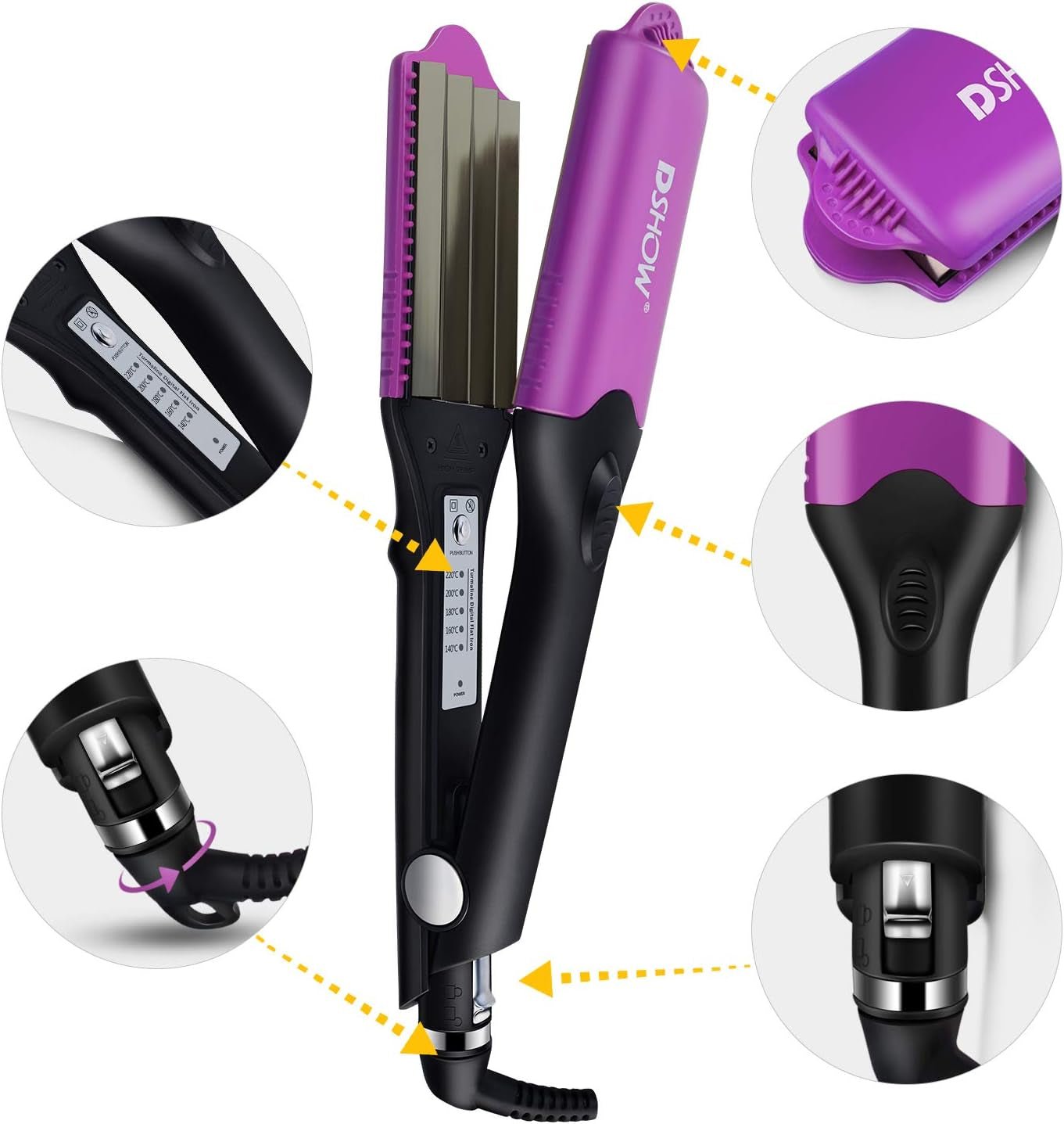 Piastra per Capelli Frisee,  Piastra per Capelli Ondulati Professionale Con 4 Piastre Piatte in Titanio Intercambiabili Piastra Frisè, Rivestimento in Tourmaline Ceramic (Viola)