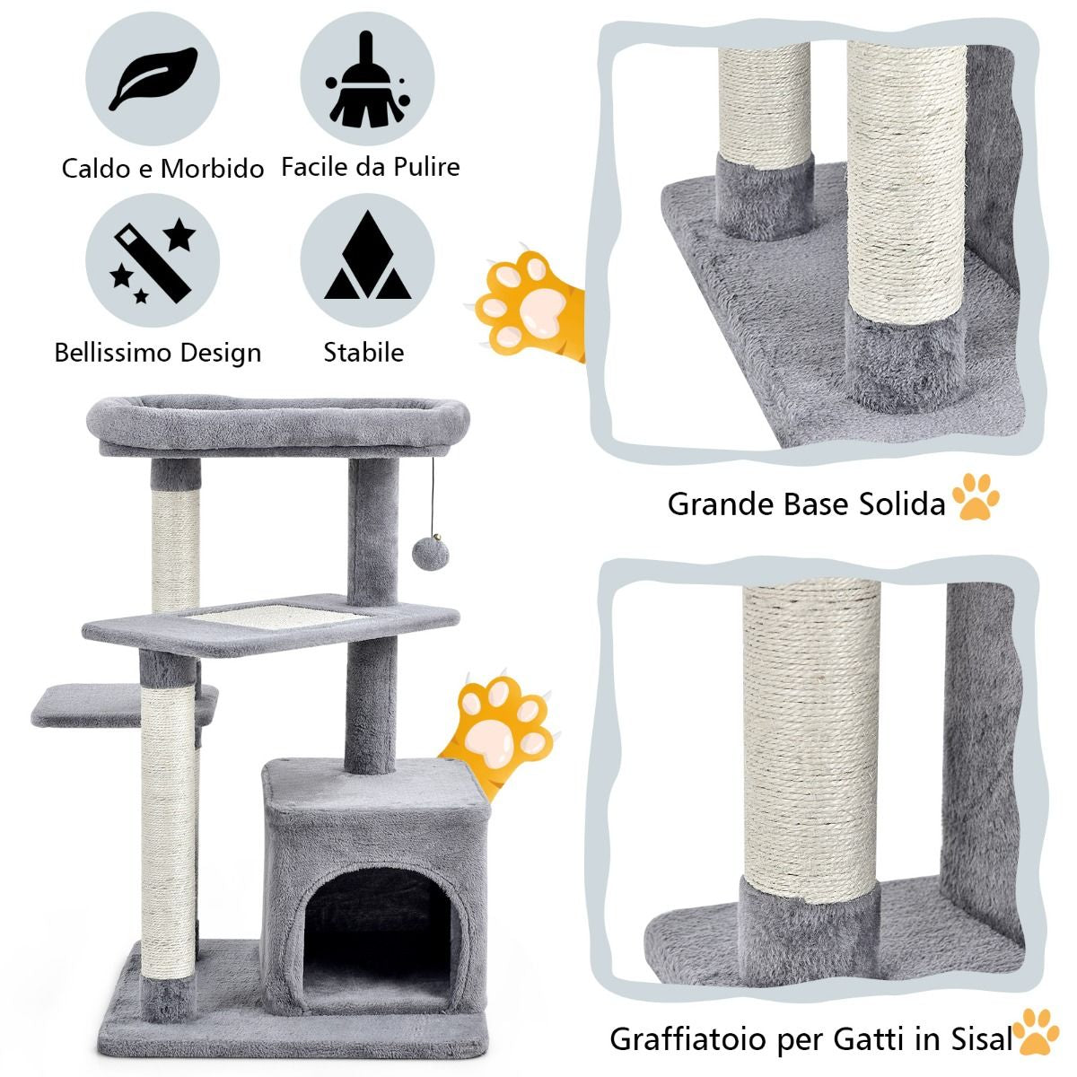 Albero per Gatti a 4 Piani Con Tiragraffi E Pallina Di Peluche, Torre per Gatti Con Piattaforma per Saltare Beige/Grigio