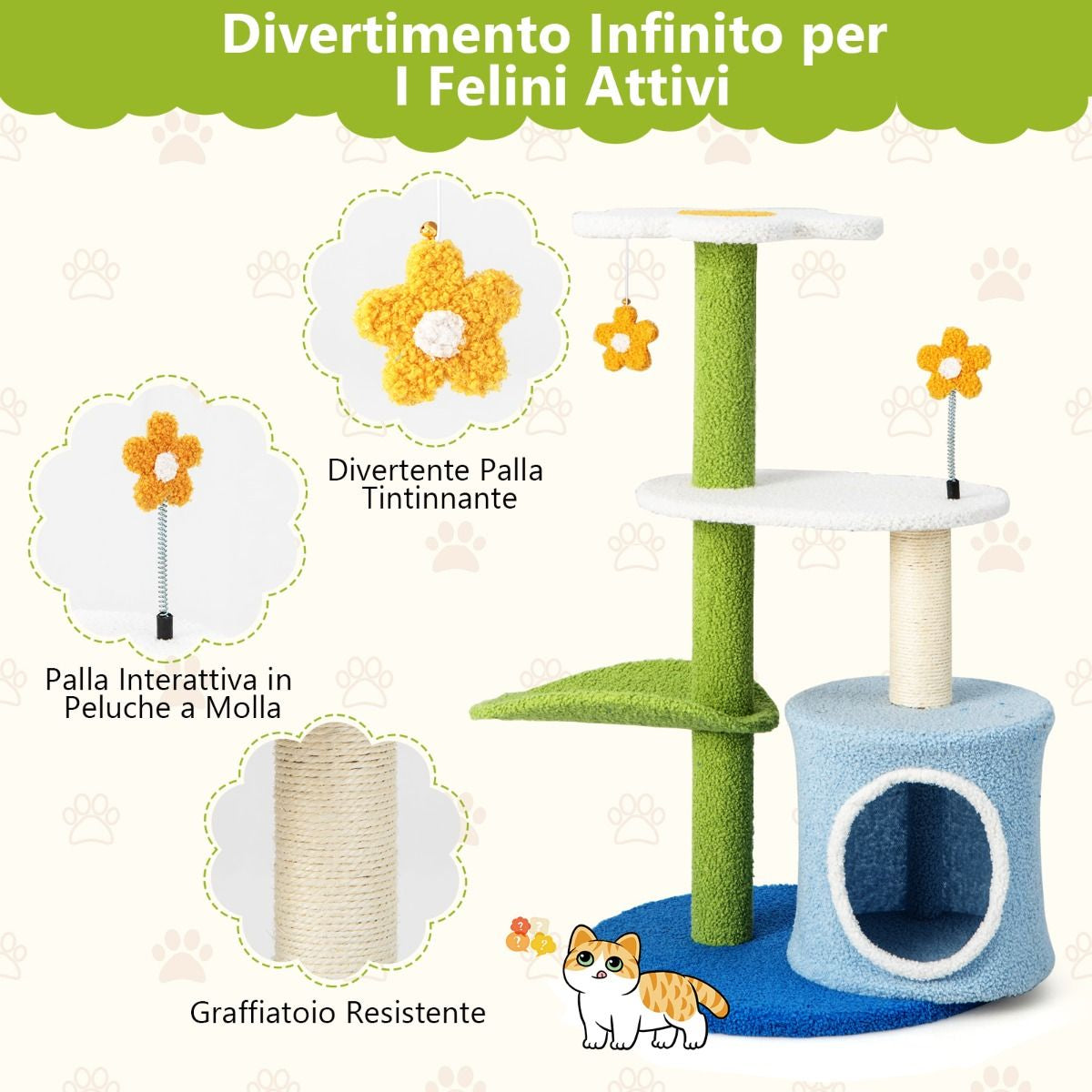 Albero per Gatti a Forma Di Fiore Con Tira Graffi in Sisal Trespolo a Forma Di Foglia, Centro Attività Gatti Blu