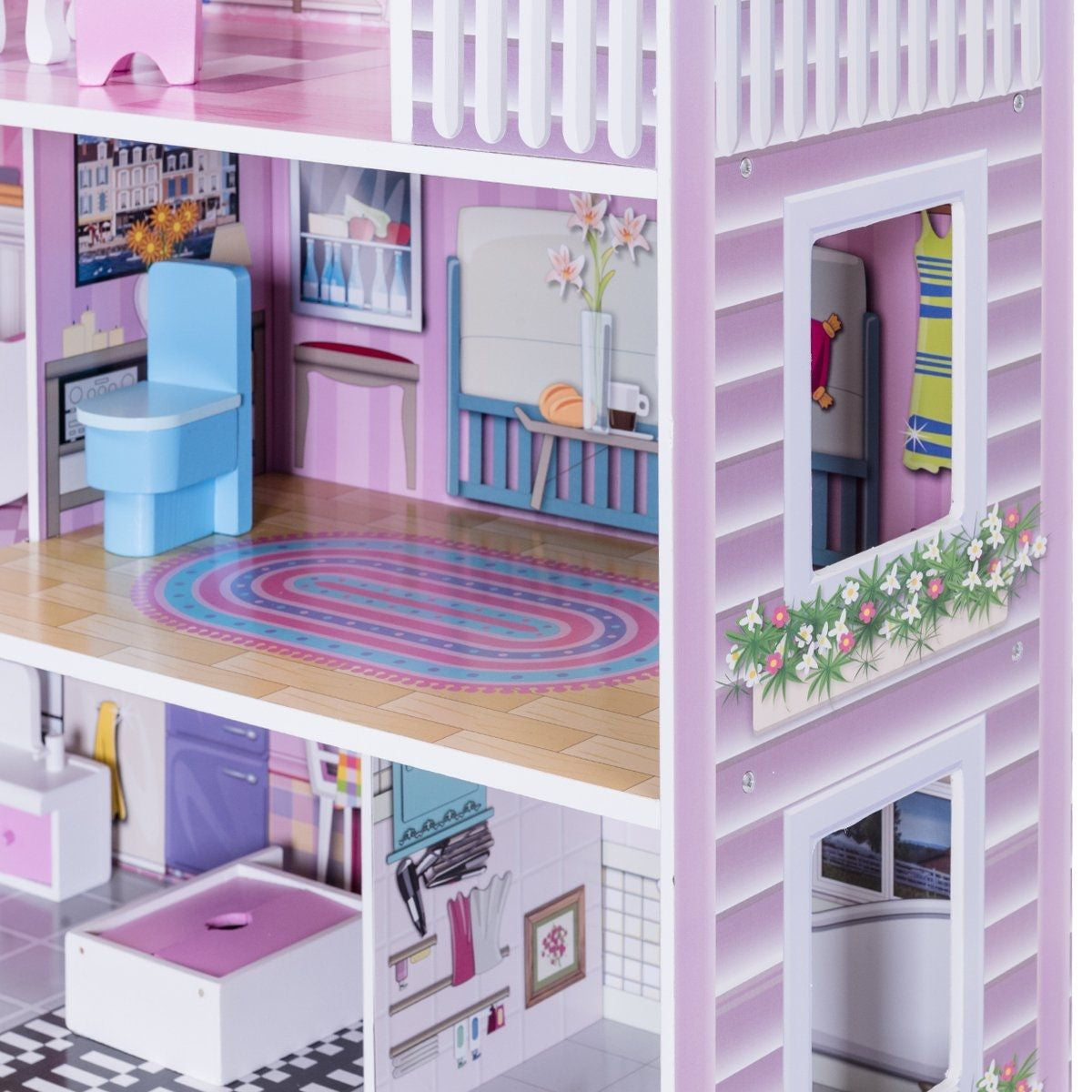 Casa Delle Bambole in Legno per Bambina Casa Giocattolo Dei Bambini 3 Piani Con Mobili E Accessori 61X26,5X71Cm