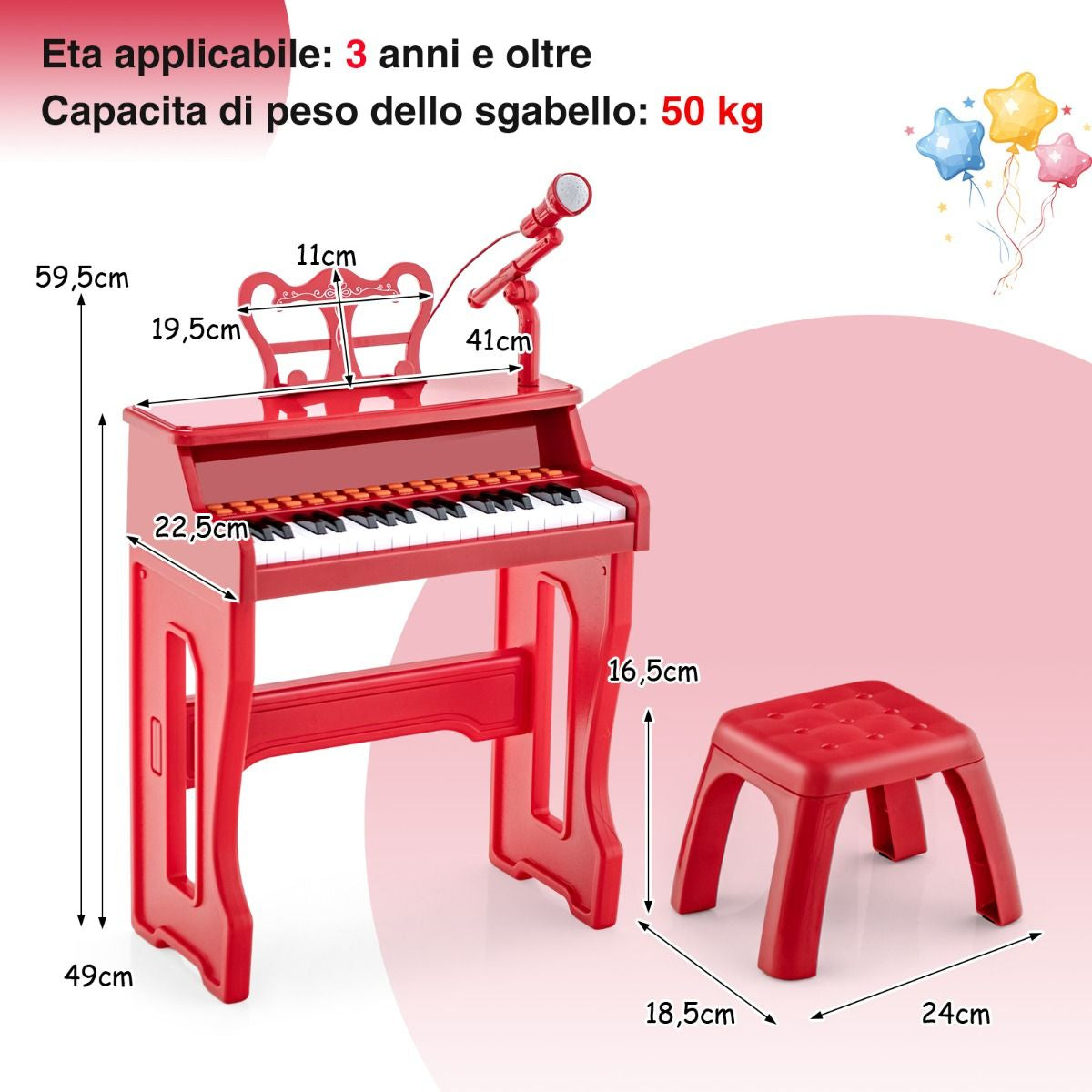 Pianoforte a 37 Tasti per Bambini Con Microfono Regolabile Supporto per Spartiti Rimovibile, Strumento Musicale 2 Colori