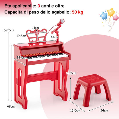 Pianoforte a 37 Tasti per Bambini Con Microfono Regolabile Supporto per Spartiti Rimovibile, Strumento Musicale 2 Colori