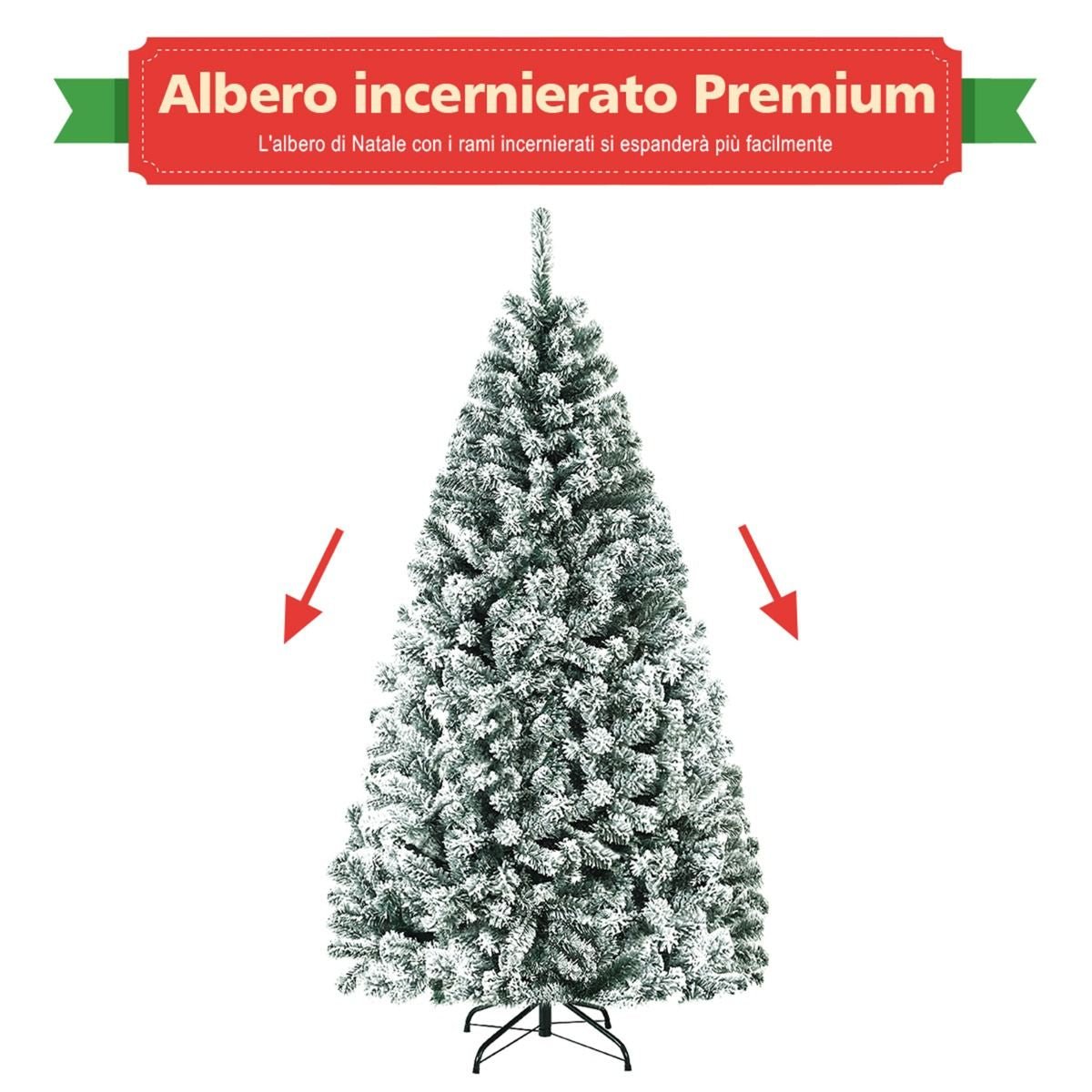 Albero Di Natale Innevato 180Cm Con Cerniere Base Di Metallo, Albero Di Natale Artificiale Non Illuminato