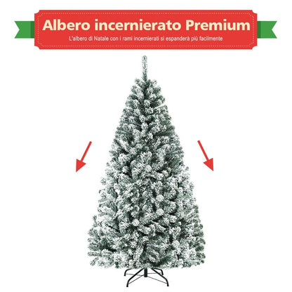 Albero Di Natale Innevato 180Cm Con Cerniere Base Di Metallo, Albero Di Natale Artificiale Non Illuminato