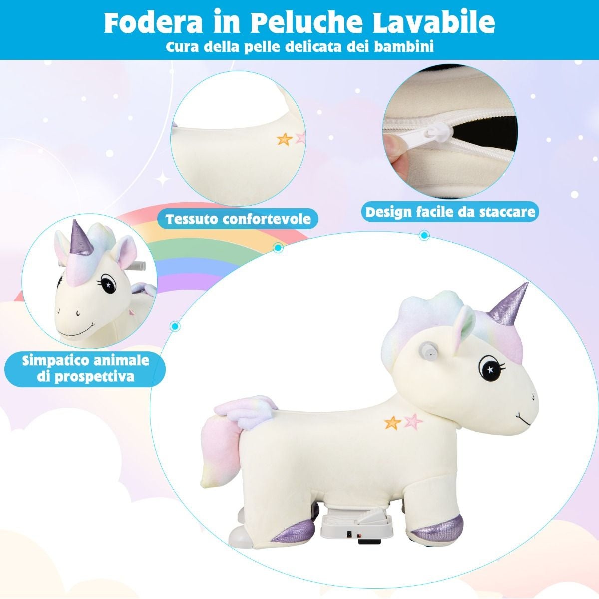 Gioco Cavalcabile Elettrico Bambini Con Ruote Flessibili Rivestimento Lavabile, Peluche Cavalcabile 3 Dimensioni