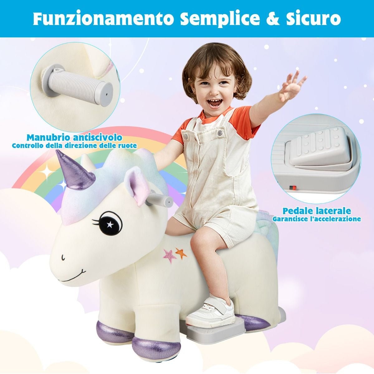 Gioco Cavalcabile Elettrico Bambini Con Ruote Flessibili Rivestimento Lavabile, Peluche Cavalcabile 3 Dimensioni