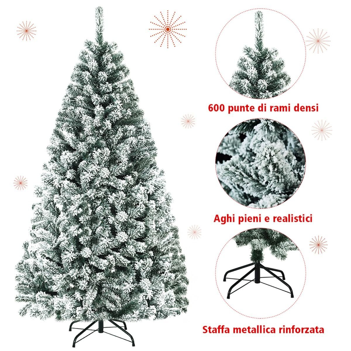 Albero Di Natale Innevato 180Cm Con Cerniere Base Di Metallo, Albero Di Natale Artificiale Non Illuminato