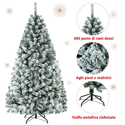 Albero Di Natale Innevato 180Cm Con Cerniere Base Di Metallo, Albero Di Natale Artificiale Non Illuminato