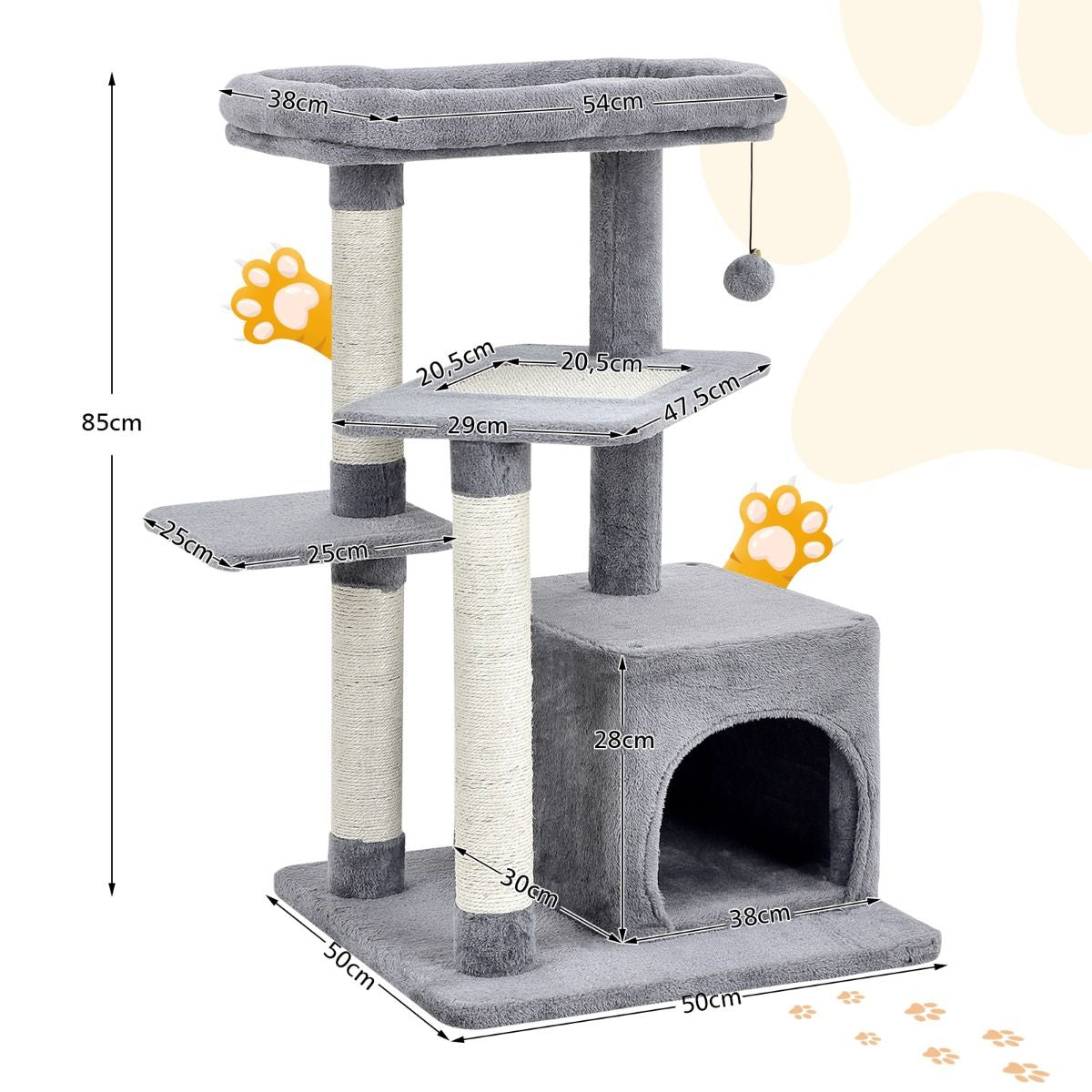 Albero per Gatti a 4 Piani Con Tiragraffi E Pallina Di Peluche, Torre per Gatti Con Piattaforma per Saltare Beige/Grigio