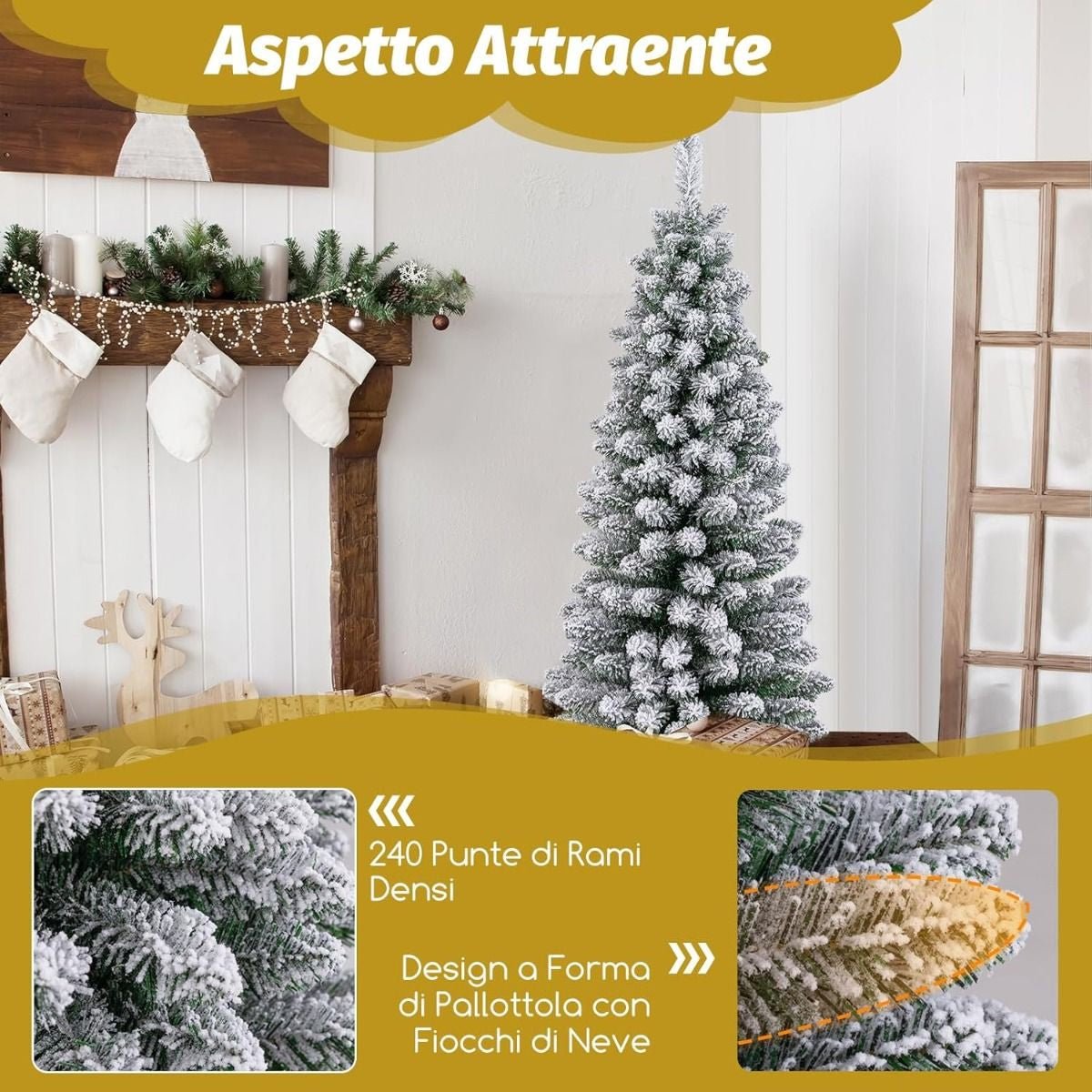 Albero Di Natale Artificiale Da 120Cm, Albero Di Natale Imbiancato Con 240 Rami Supporto Metallico Pieghevole
