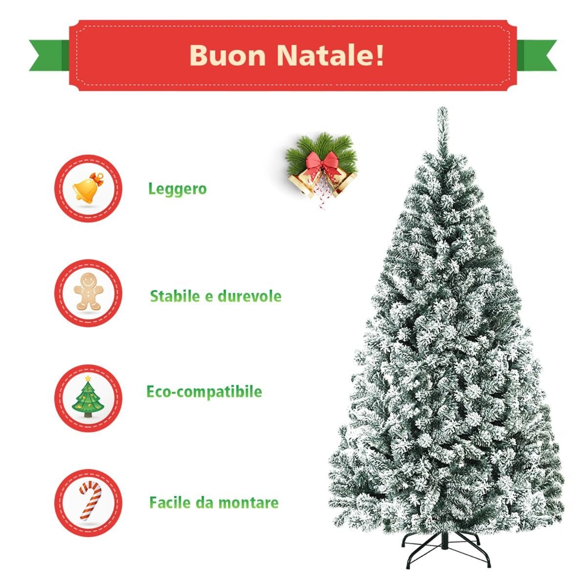 Albero Di Natale Innevato 180Cm Con Cerniere Base Di Metallo, Albero Di Natale Artificiale Non Illuminato