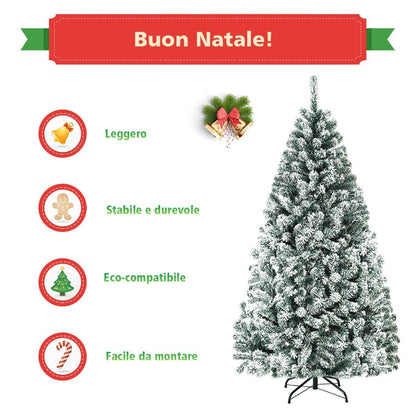 Albero Di Natale Innevato 180Cm Con Cerniere Base Di Metallo, Albero Di Natale Artificiale Non Illuminato