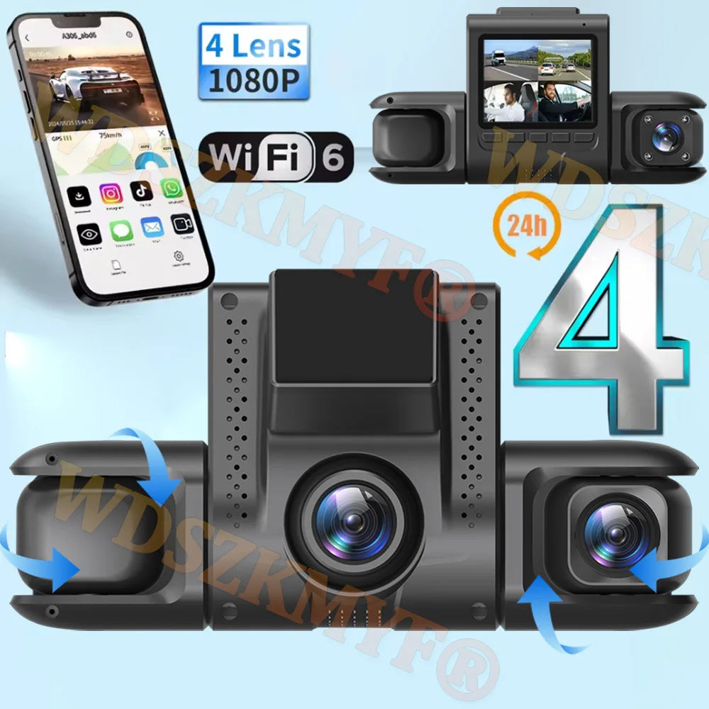 New 360° Car Dash Cam 4 Channels WIFI 24H Video Recorder 1080P Car DVR Front inside Rotatable and Rear View Camera Night Vision