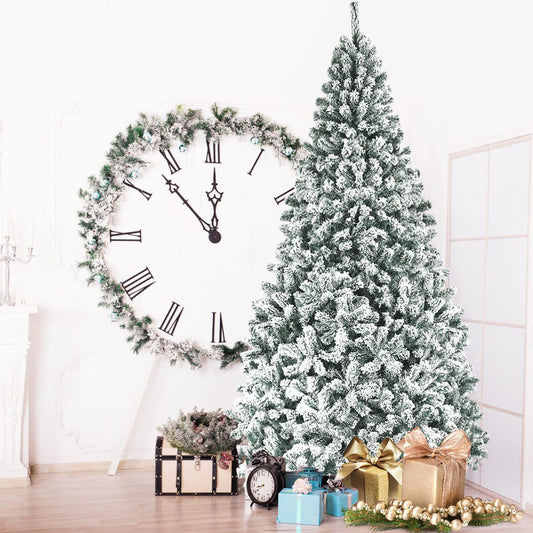 Albero Di Natale Innevato 270Cm Con Cerniere Base Di Metallo, Albero Di Natale Artificiale Non Illuminato Verde